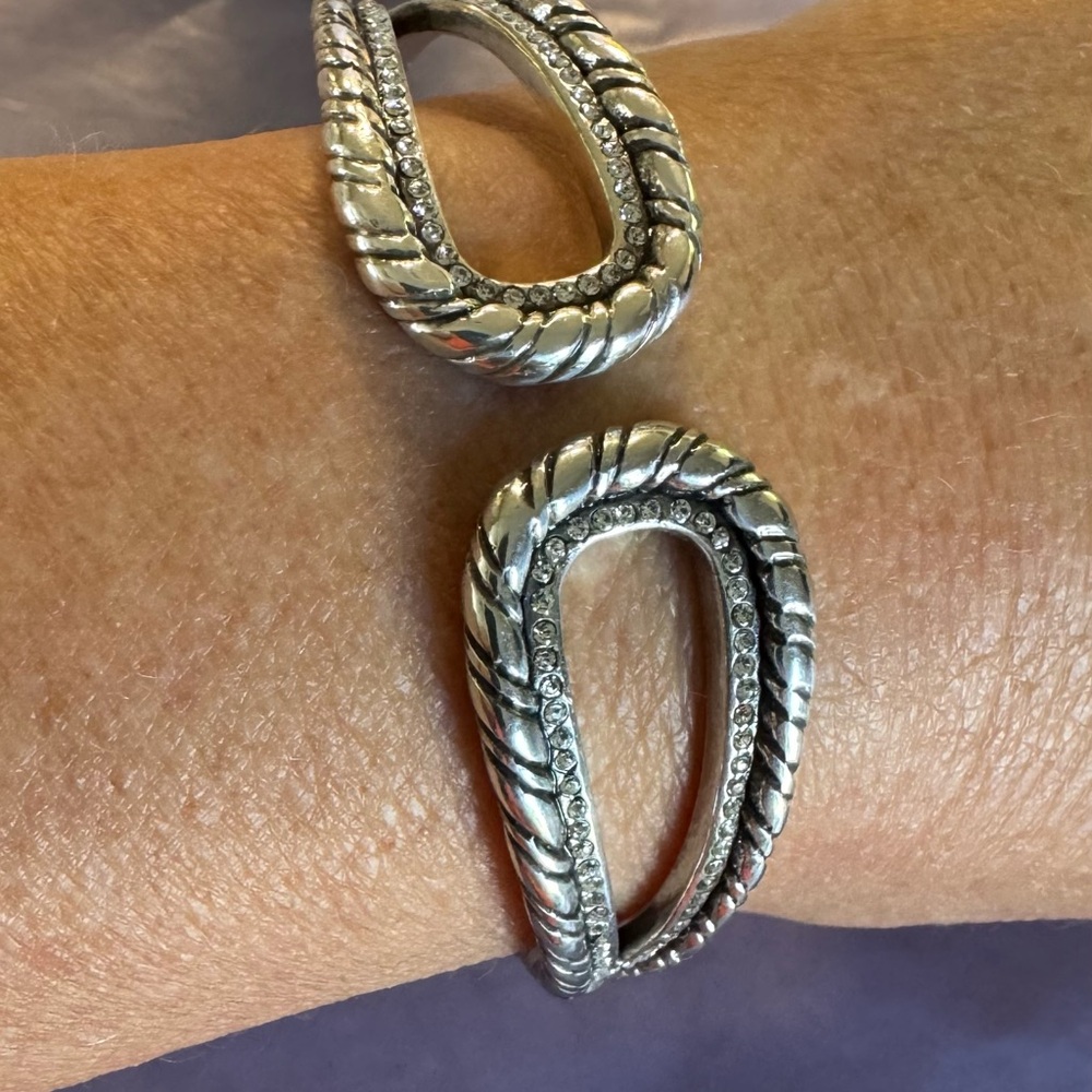 Brighton Silver-Tone Rope Detail Teardrop Cuff Bracelet with Crystal Accents